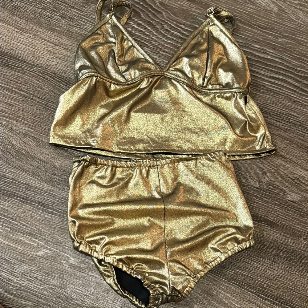 Girl size 6 custom two piece gold swim set